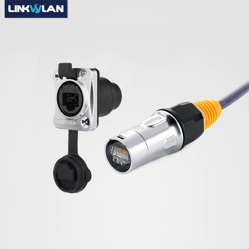 Linkwylan IP67 RJ45 Waterproof Connector Panel Mount Connector Ethernet Network Metal Plug Housing Connector Waterproof Socket