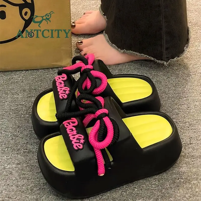 2024 New Miniso Barbie Summer Slippers Cute Anti-Slip Increase Height Women\'s Sandals Beach Shoes Comfortable Outdoor Flip Flops