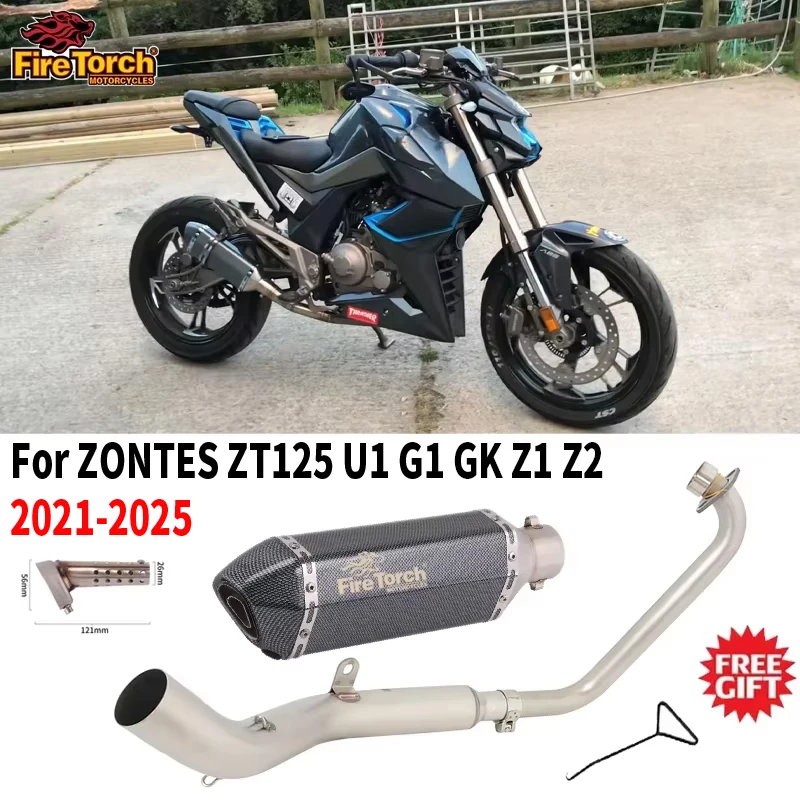Slip On For ZONTES ZT125 U1 G1 GK Z1 Z2 2021 - 2025 Motorcycle Exhaust Full System Front Link Pipe No O2 Sensor 51mm Muffler