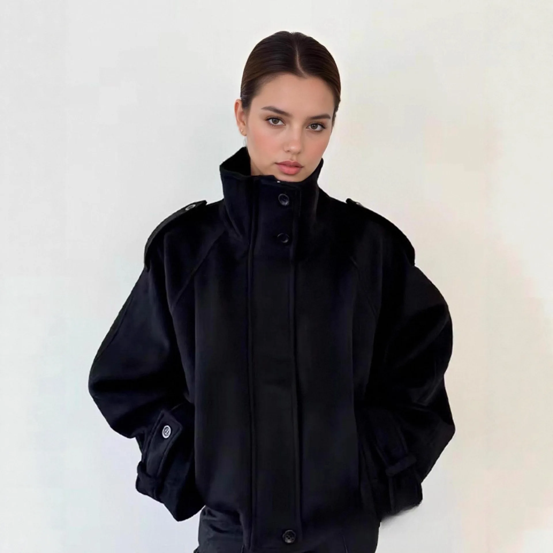 

Long Sleeve Coat Single Breasted Jackets Outwear Autumn/winter Standing Collar Breasted Short Zipper Woolen Jacket Women Loose