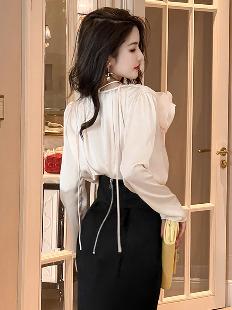 Spring Summer Elegant Clothes for Women Sweet Korean Satin Shirt Long Sleeve Flower Loose Shirts and Blouses Office Lady Tops