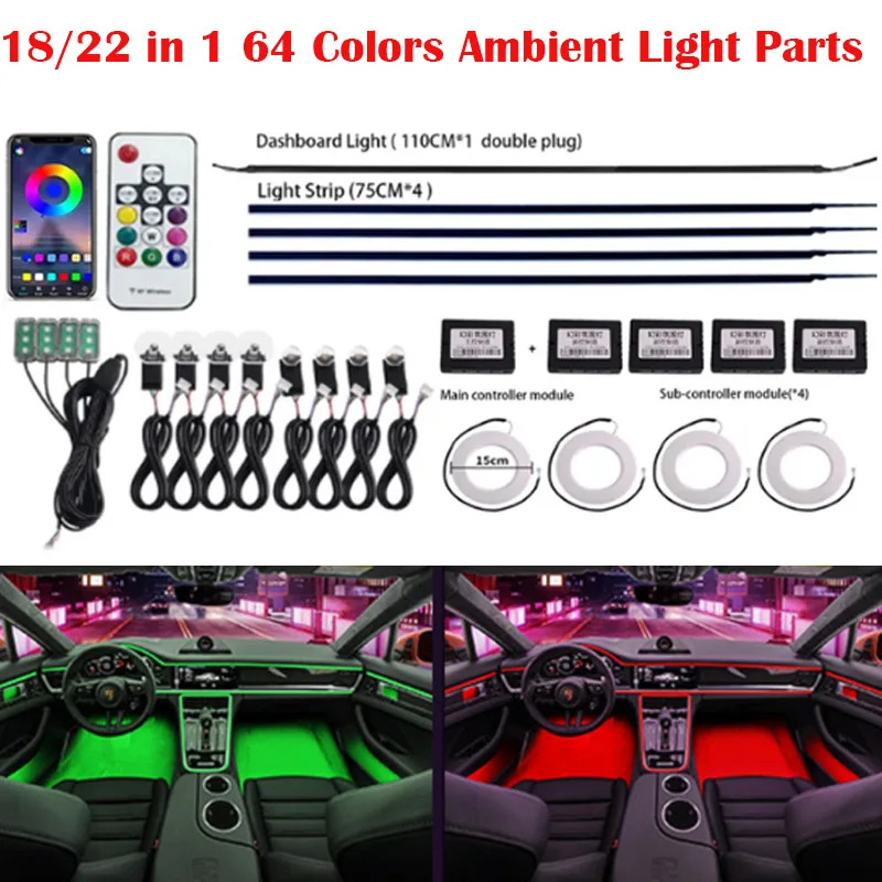 

18/22 in 1 64 Colors Ambient Light Parts 4 Pins 35cm 75cm 110cm Light Strip Main/Sub Controller Extension Cord Speaker Light