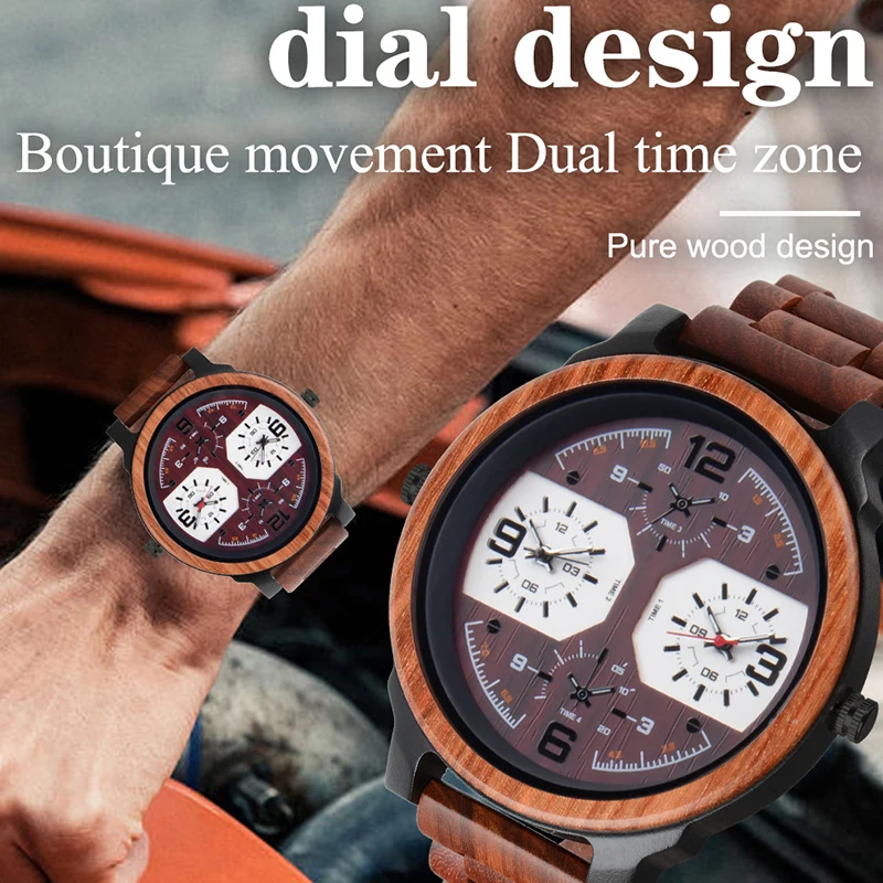 Quartz Watch Men Wooden Large Dial Dual Time Zones Luminous Wristwatch Casual Fashion Full Mood Clock 2023 New