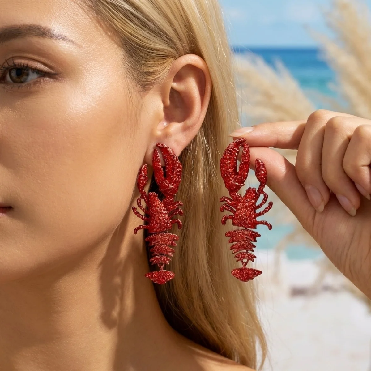 Kreative, übertriebene rote Strass-Hummer-Ohrhänger für Damen und Herren, glänzende, modische Meerestier-Sommerohrringe, Partyschmuck – Detail 15