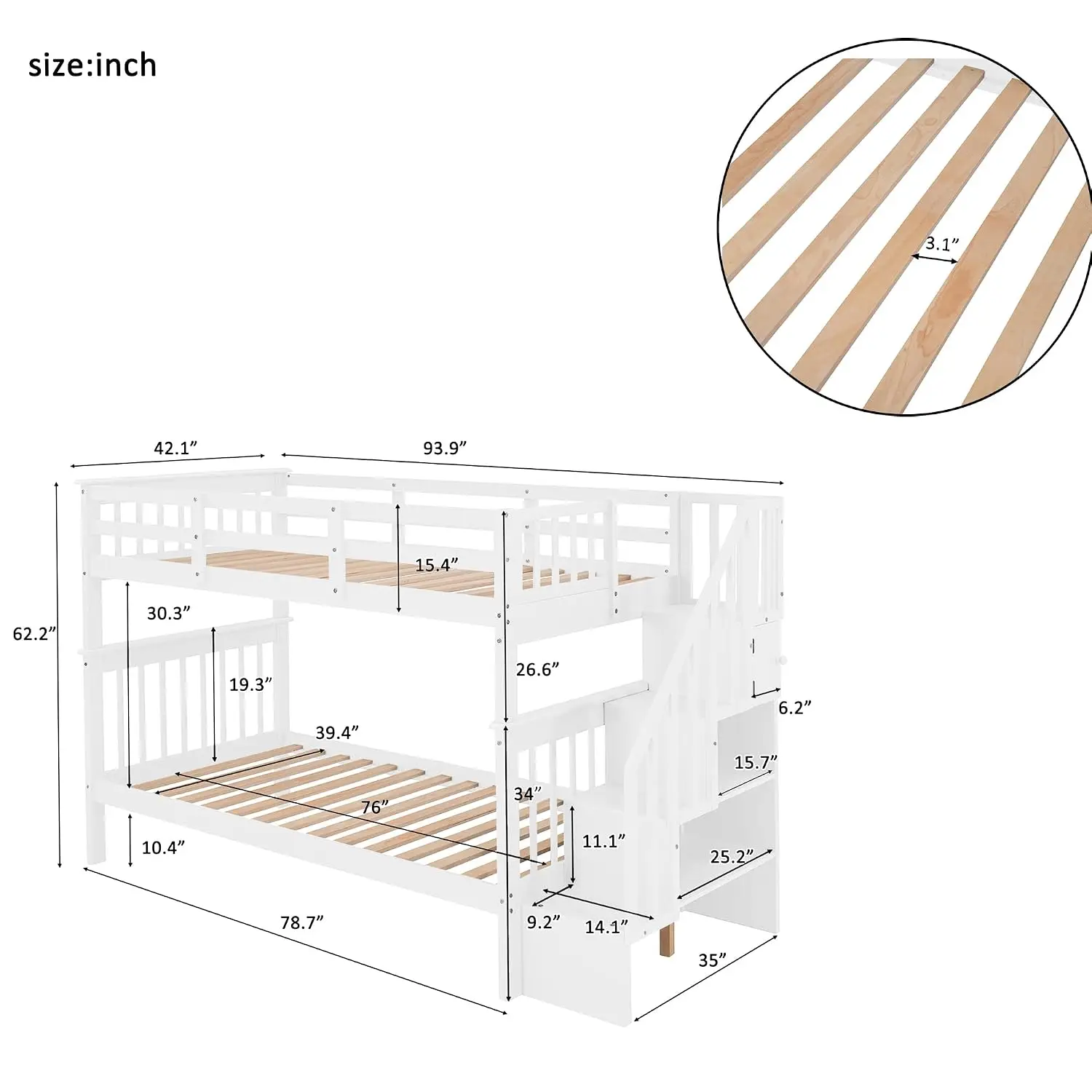 Solid Wood Twin Bunk Bed with Stairway Storage & Guard Rail for Bedroom Dorm Convertible to 2 Beds, Customized