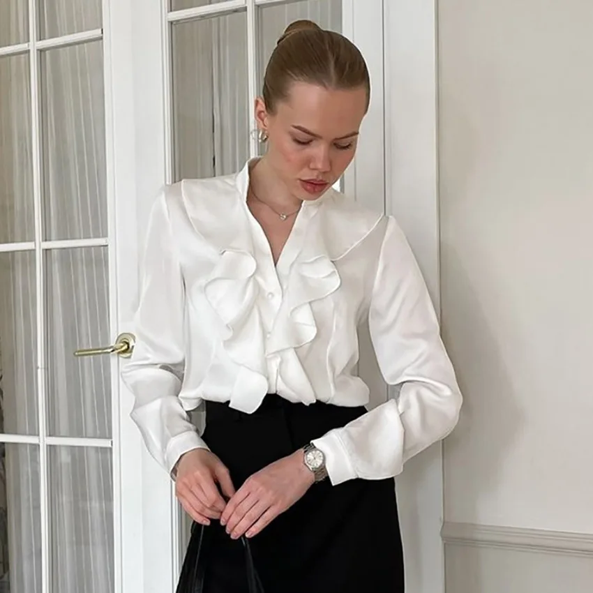 

Casual Ruffled Satin Shirts Female Patchwork Elegant Commute Fashion Clothes Solid Long Sleeve Autumn 2026 Ladies Blouse