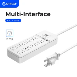 ORICO US Plug Power Strip Extension Cable Electrical Socket With 8AC Outlets 2 USB Ports For Home Office White Power Strips