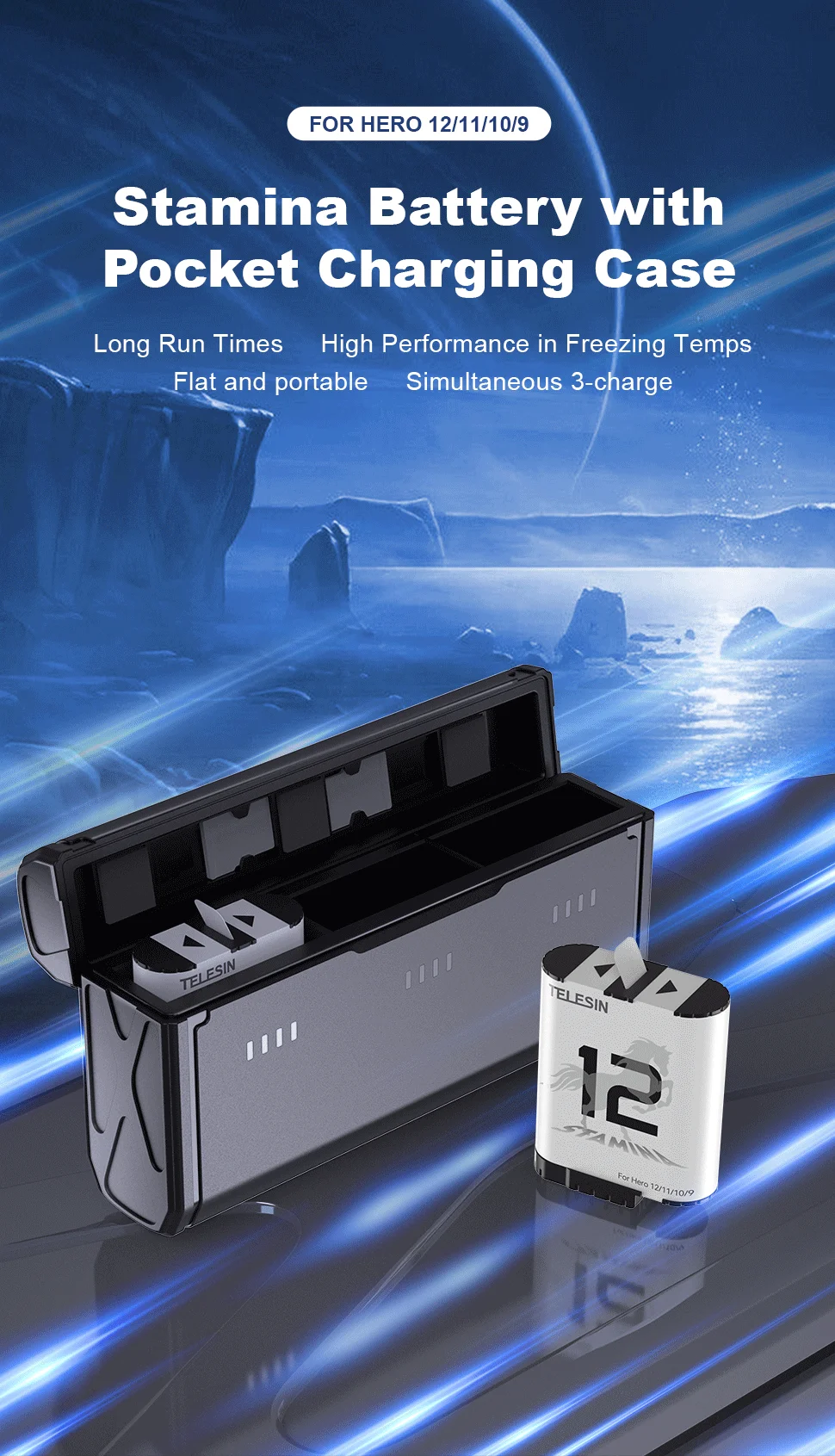 TELESIN 1750 mAh Endurence Batterie Für GoPro Hero 12 11 10 9 Gopro Zubehör Mit Batterie Box Für GoPro 9 10 11 12 Schwarz – Detail 1
