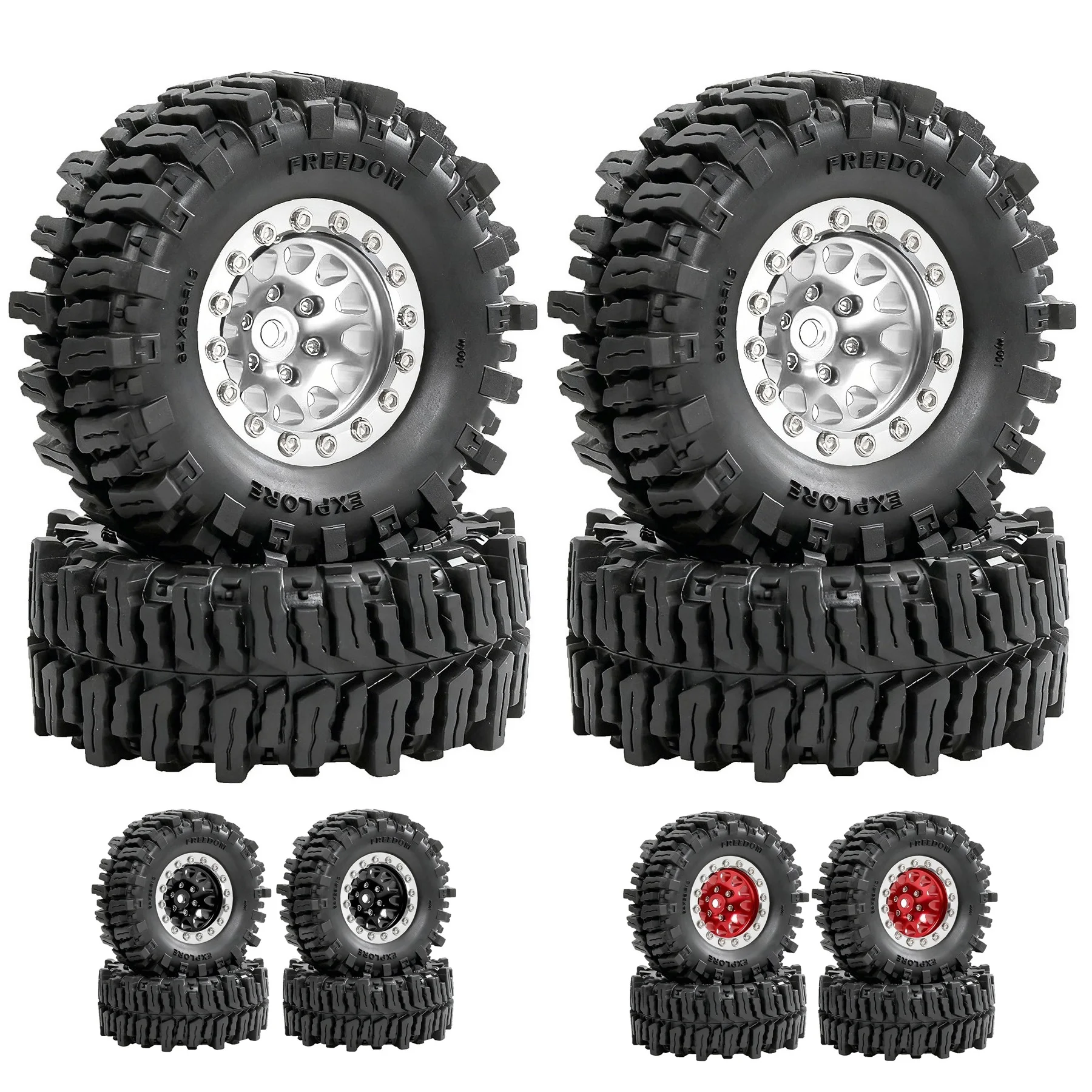 4pcs 64mm 1.3 inch Metal Beadlock Wheel and Tire for 1/18 1/24 RC Crawler Car FCX24 FCX24M TRX4M SCX24 AX24 Upgrade Parts