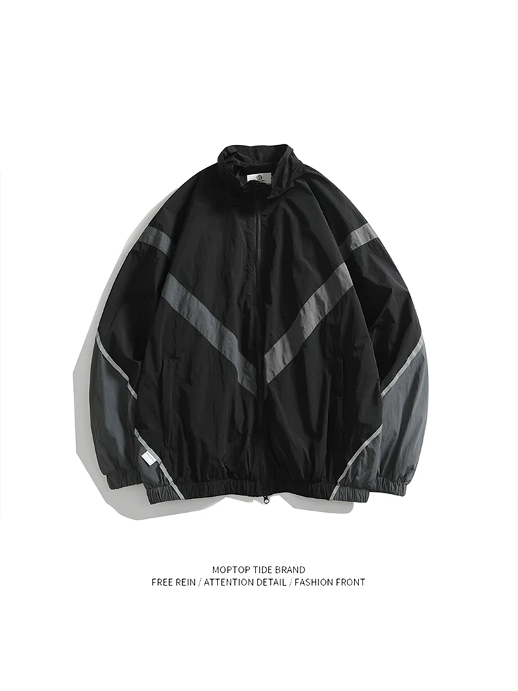 Mr. WH American Style Reflective Patchwork Men's Jacket Spring Autumn Casual Sportswear Coat for Couples Youth Polyester