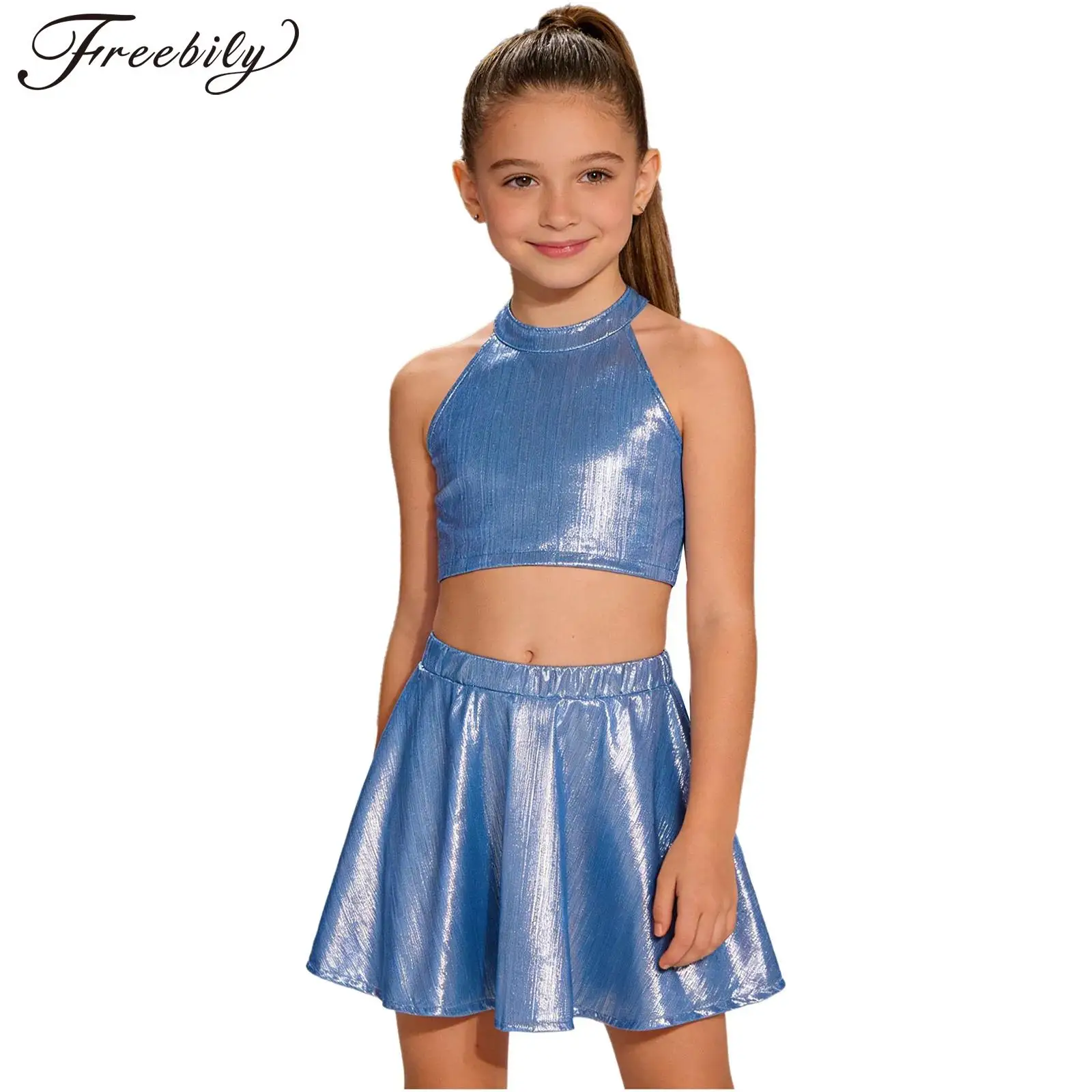 Kids Girls Jazz Dance Outfit Metallic Shiny Ribbed Sleeveless Crop Top Vest with Skirt Hip Hop Cheerleading Modern Dancewear