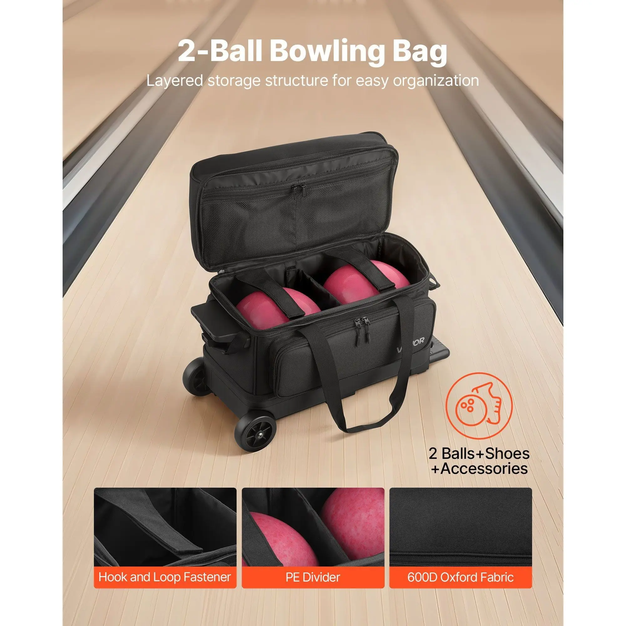 Double roller bowling bag with wheels and separate compartment