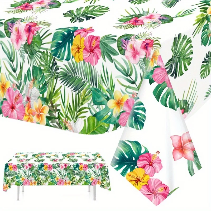 1pc, Hawaiian Red-Flower Turtle Leaf Table Cover, Plastic Table Cloth for Tropical Hawaiian Spring And Summer Events, Wedding Bi