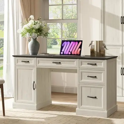58'' Farmhouse Executive Desk with Drawers, Home Office Desk with File Drawer and Storage Cabinet, Rustic Computer Desk