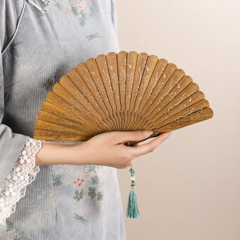 Dragon and Phoenix Green Sandalwood Su Fan Solid Wood Hollow Carved Intangible Cultural Heritage Sandalwood Folding Fan