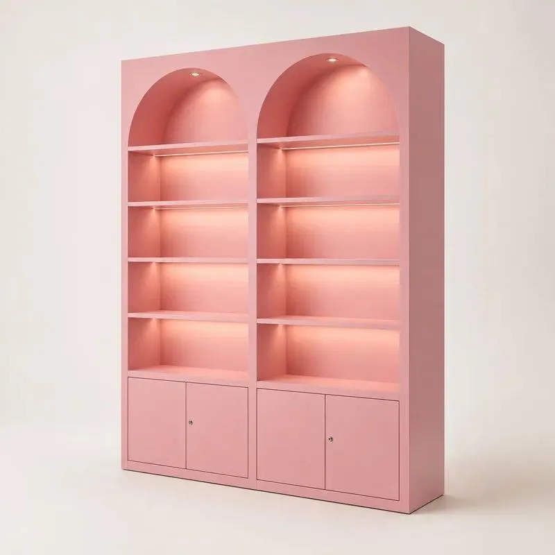 for Modern Large Arched Bookshelf LED Lighting Commercial Retail Store Display Cabinets, Painted Metal Lockers