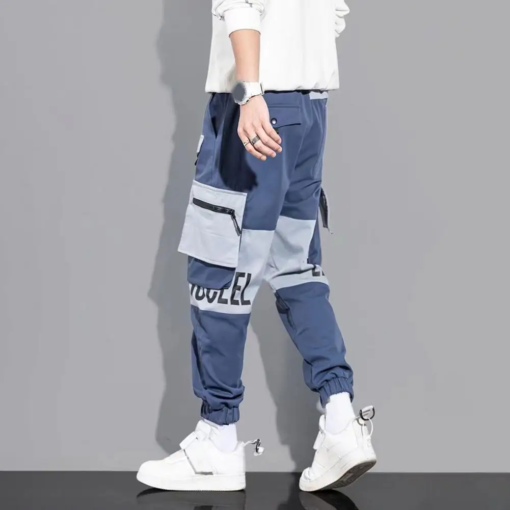 Hip Hop Long Trousers Men's Cargo Pants with Drawstring Waist Multiple Pockets Featuring Letter Print Ankle-banded for Any