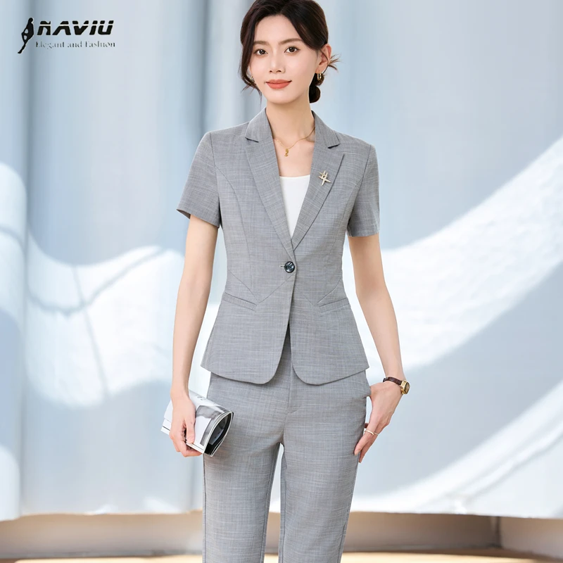 

NAVIU Gray Black Suits Women New Summer Professional Formal Short Sleeve Slim Blazer And Pants Office Ladies Work Wear
