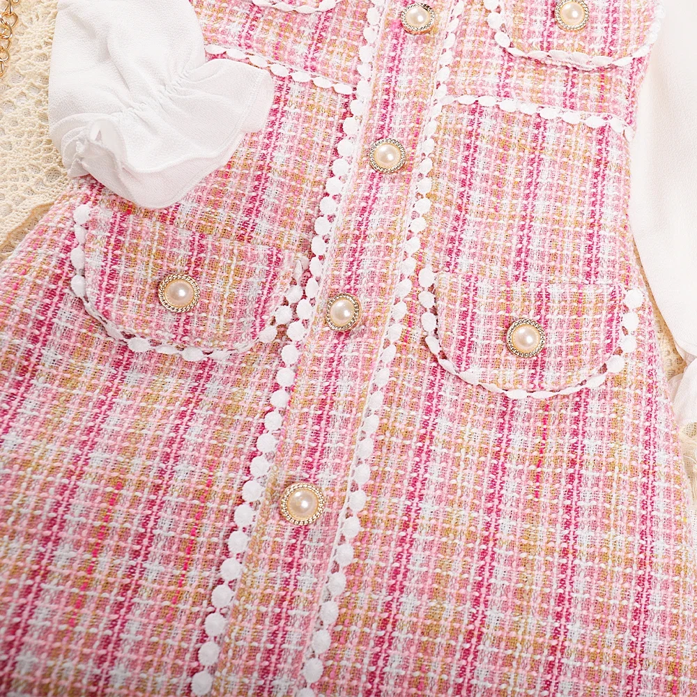 New Round Neck Plaid Lace Button Long Sleeved Dress for Girls, Fashionable Patch Dress for Girls