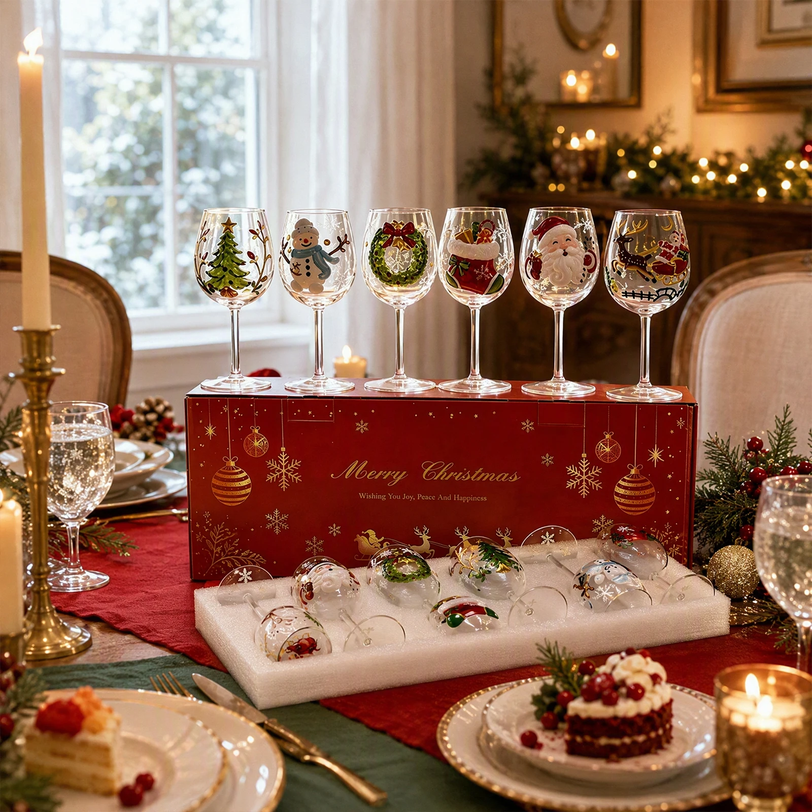 3D Santa Wine Glass Set 6pcs Christmas Goblet Holiday Gift Box Snowflake Stemware