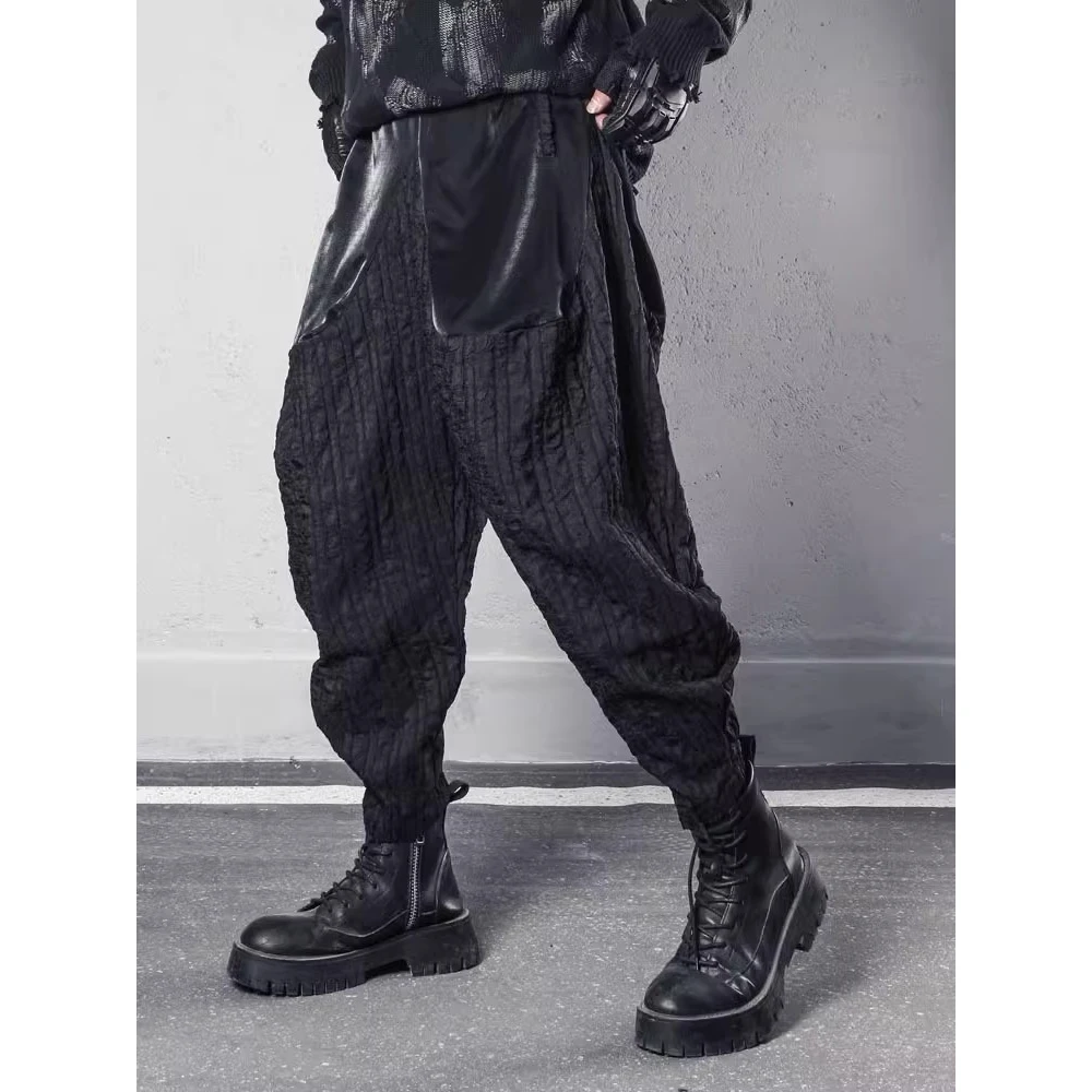 2025 الرجال سراويلي حريمي ركض بنطلون الصيف فضفاض كول السراويل السوداء المرقعة تصميم مرونة الخصر الشارع الشهير بانت