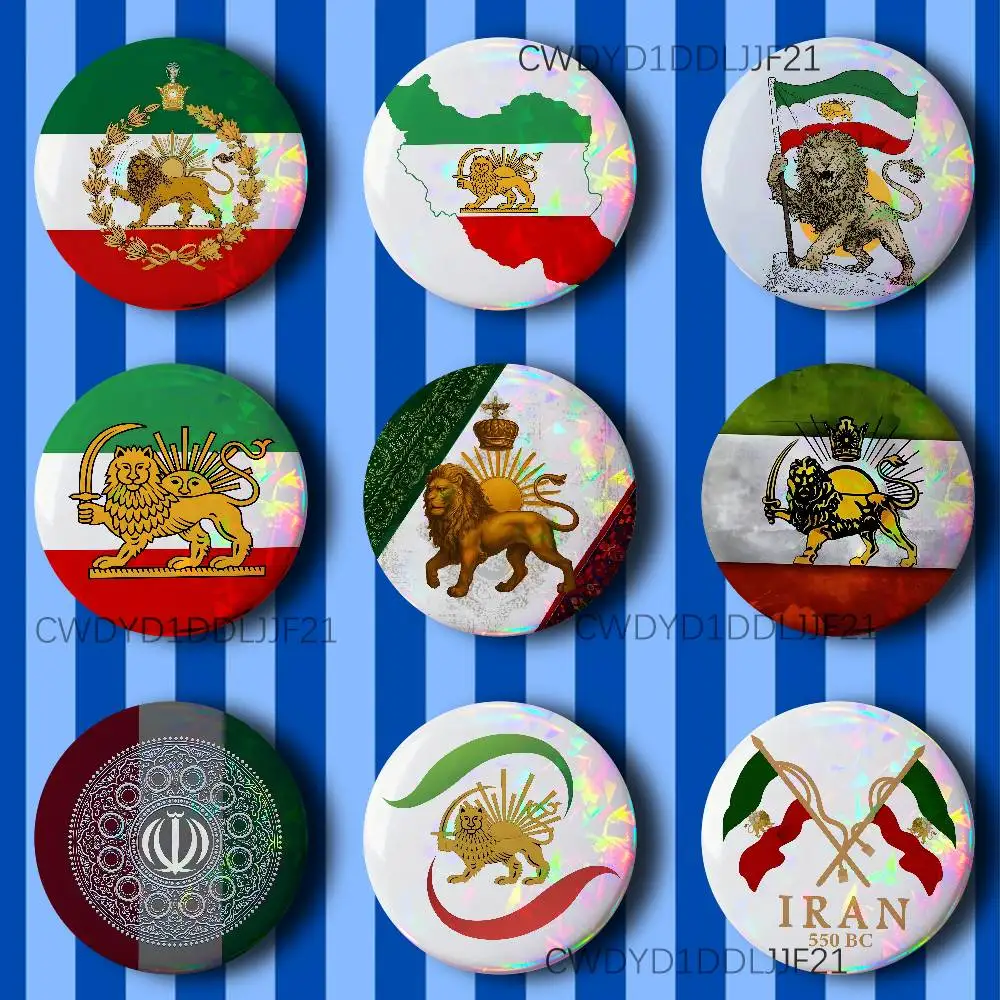 

I-Iran P-Pahlavi Flag Button Pins Tinplate Brooches Cartoon Creative Badge for Backpack Clothes Decor