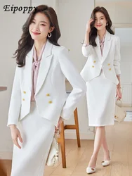 Elegant Autumn Winter Ladies Skirt Suit Women Black Blue Pink White Female Formal Two Piece Set Blazer for Business Work Wear