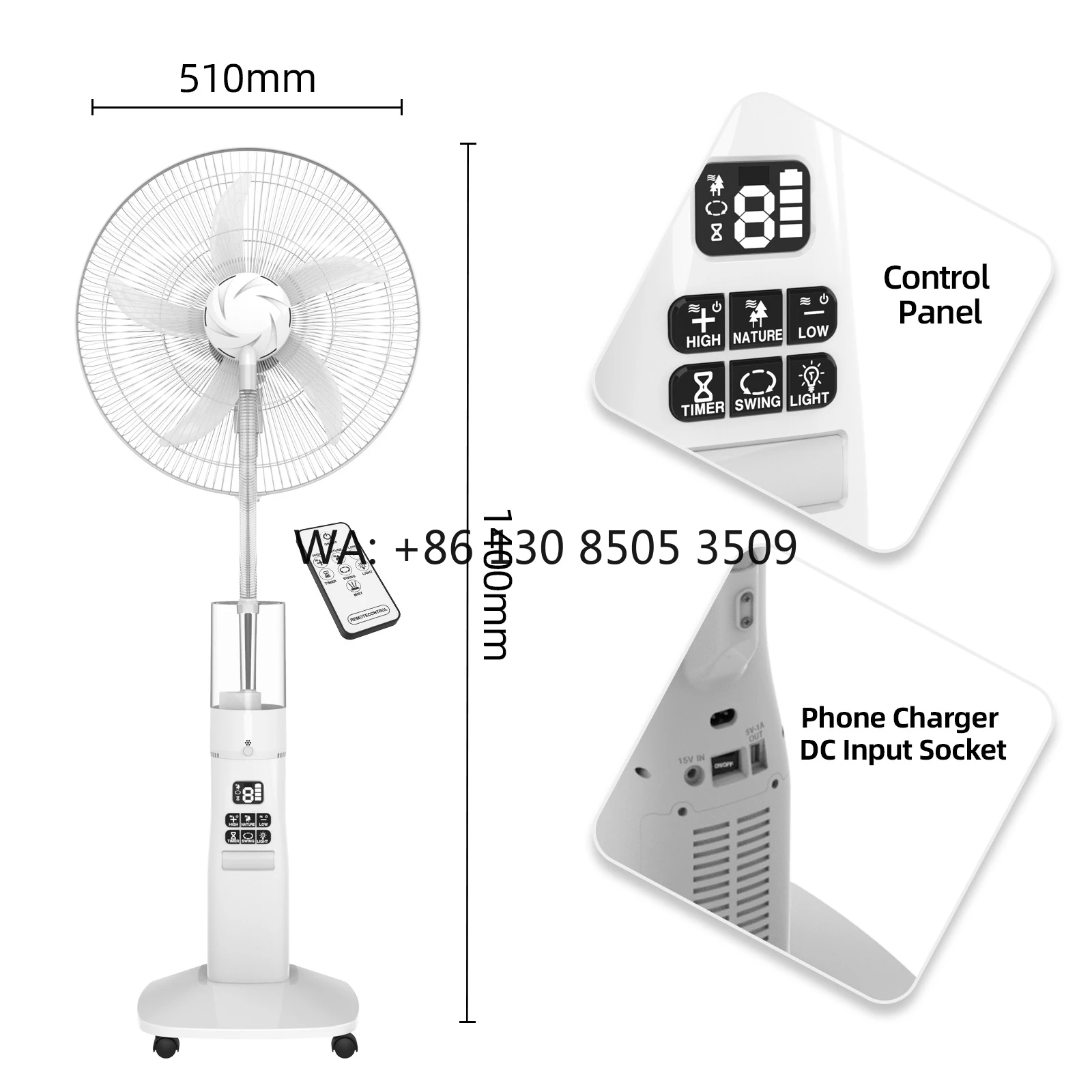 

18-Inch Rechargeable Cooling Stand Fan with LED Light and Remote Mist Spray Solar Powered Solar Fan