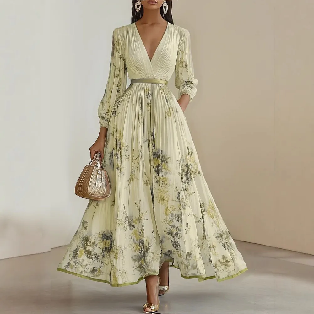 Spring Autumn Women's Long Sleeve Boho Maxi Dress Elegant Floral Print A-Line Pleated Maxi Dresses Sexy Deep V Neck Vestidos