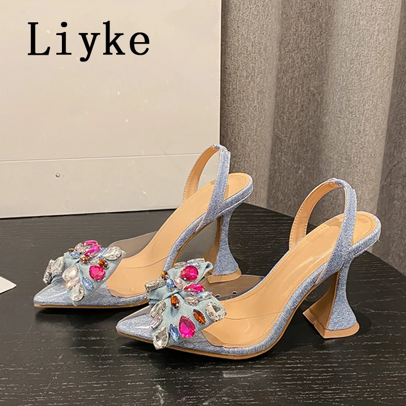 Liyke Strange Style Blue High Heels Mules Sandals Summer Fashion Crystal Denim Bowknot Pointed Toe Party Dress Shoes Women Pumps