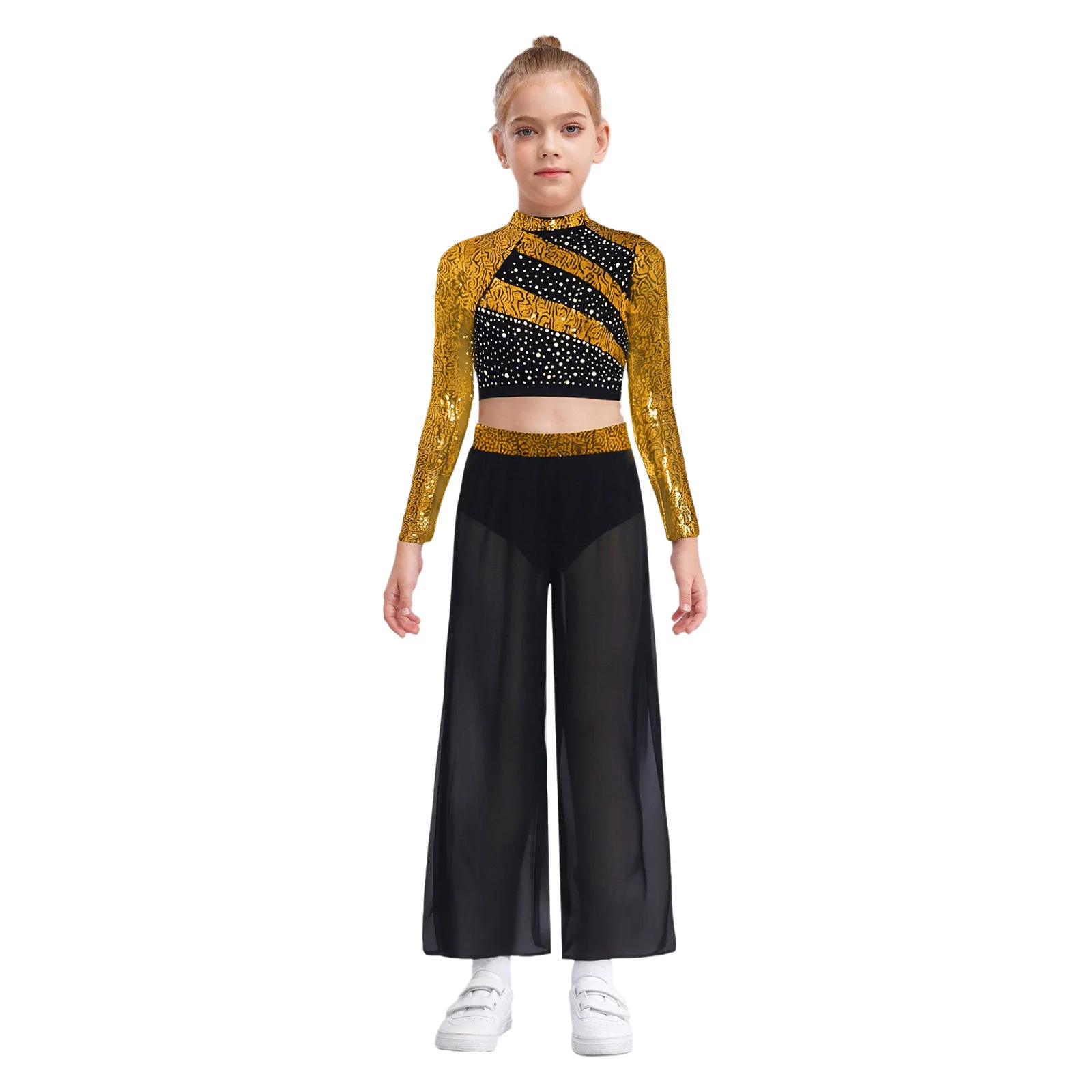 Girls Lyrical Dance Set Ballet Jazz Dance Costume Long Sleeve Sequin Crop Top with Chiffon Wide-Leg Side Slit Dance Pants Outfit