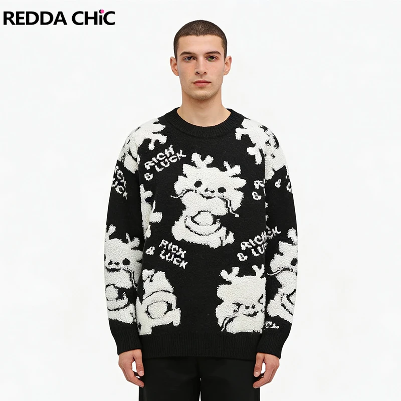 

REDDACHIC Cutecore Dragon Pullover Sweater Plus Size Crew Neck Casual Long Sleeves Flocked Knit Jumper Top New Year Man Clothes