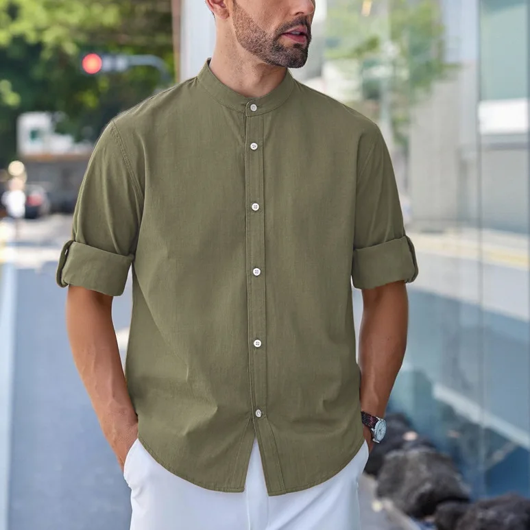 2026 New Stand-up Collar Long-sleeved Shirt Spring and Autumn Retro Solid Color Commuting Trend Sleeve Shirt Men