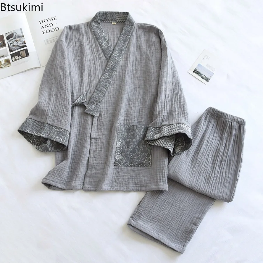 Conjunto de pijamas masculinos de algodão puro, kimono japonês plus size, manga comprida, calça, casual, confortável, serviço doméstico, duas peças, roupa de dormir