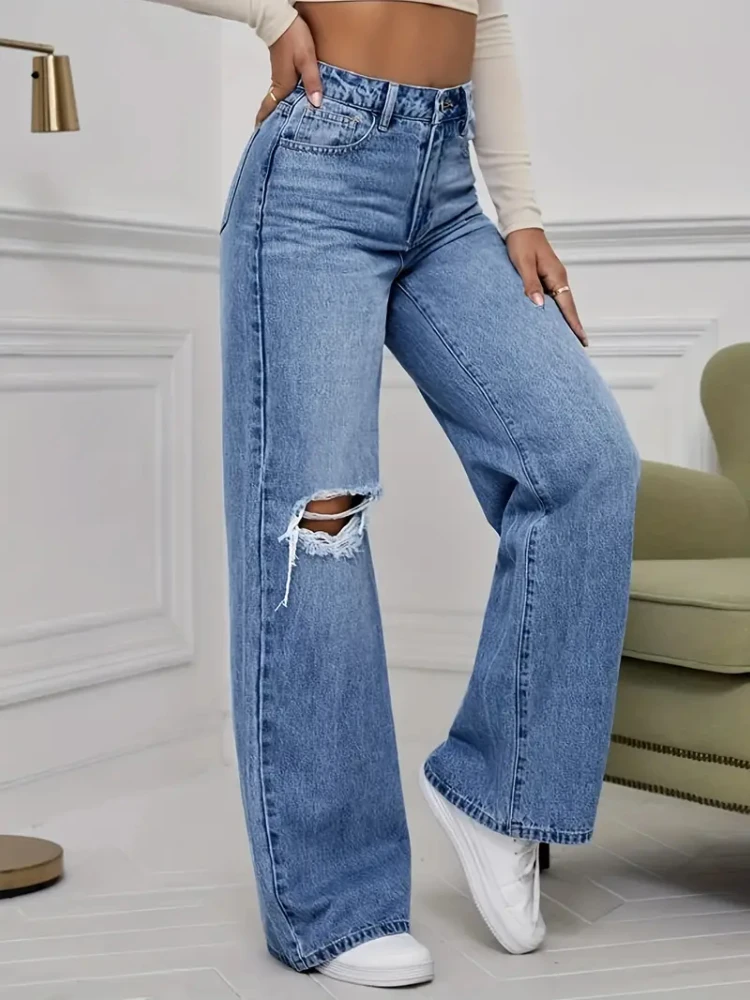 

2025 Streetwear Washed Pockets Floor Length Hole Jeans Denim Pants Women's Jeans Wide Leg Vintage Distressed Ripped Trousers