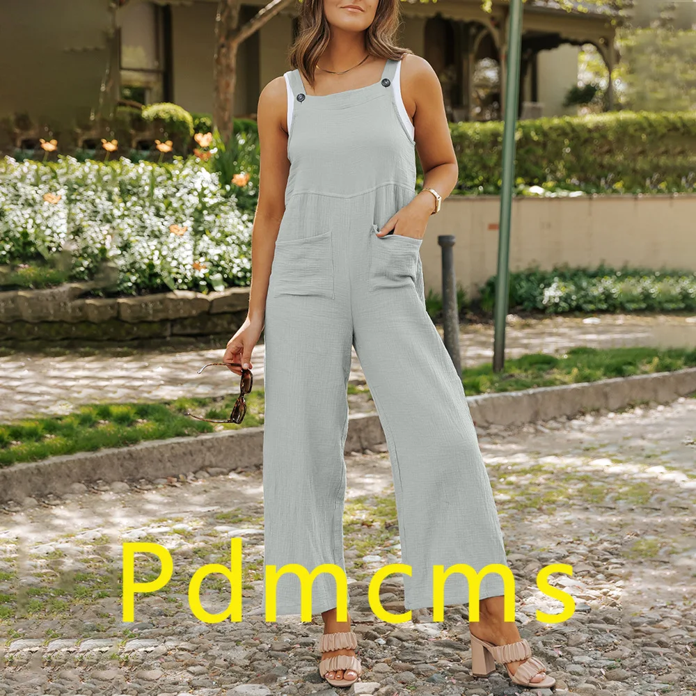 2025 신상 여성 여름 유럽 및 미국 패션 코튼 린넨 단색 하이웨이스트 루즈핏 캐주얼 점프수트