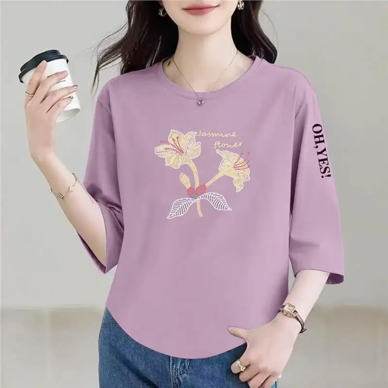 

Loose Fit Midlife Mom T-Shirt Women's Eight-Sleeve Top Slimming Casual round Neck Polyester Fiber Thin Model for Ages 40-49
