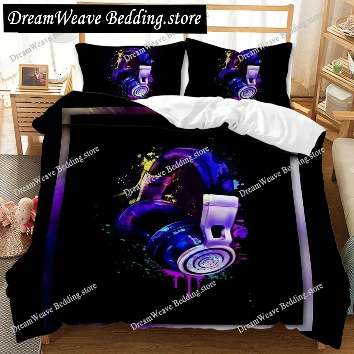 Music Duvet Cover Set Cool Colorful Headset Bedding Set Kids Boys Girls Music Queen King Size Polyester 3D Print Qulit Cover592F