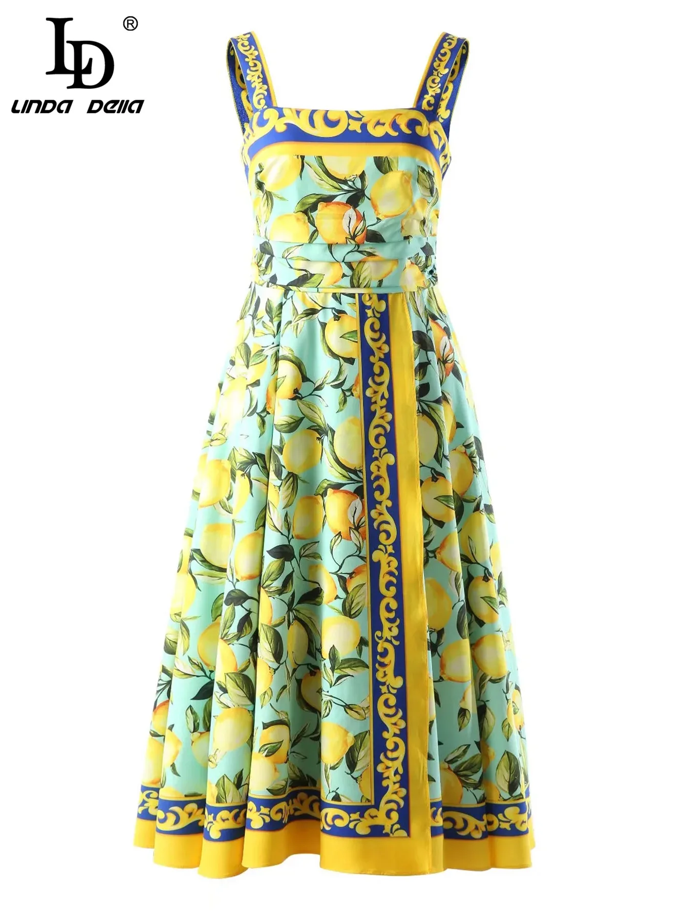 LD LINDA DELLA Fashion Runway Summer Dress Women\'s Bohemia lemon Green Leaf Print Vacation Spaghetti Strap Midi Dress Vestidos