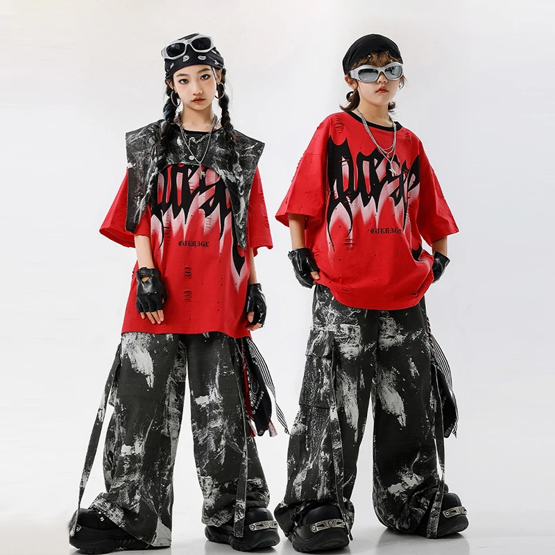 

Girls Hip Hop Cool Loose Dyed Cargo Pants Boys Street Dance Red T-shirt Kids Streetwear Teens Costumes Jazz Clothes Sets XH2898