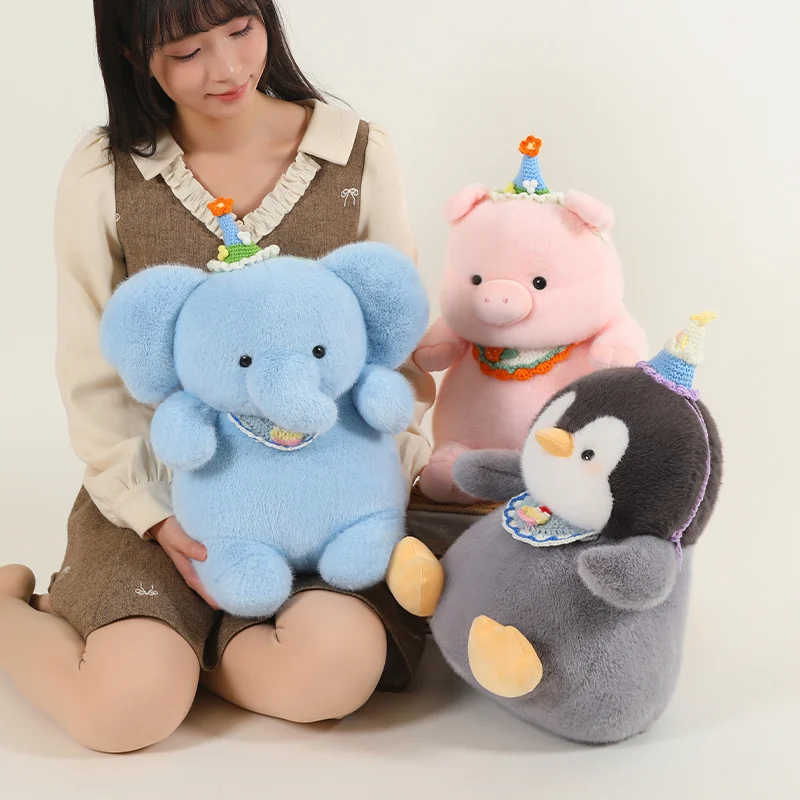 Cute Chubby Plush Animal Set Penguin Pig With Crocheted Party Hats And Bib Collar Accessories Soft Gentle Creative Adorable