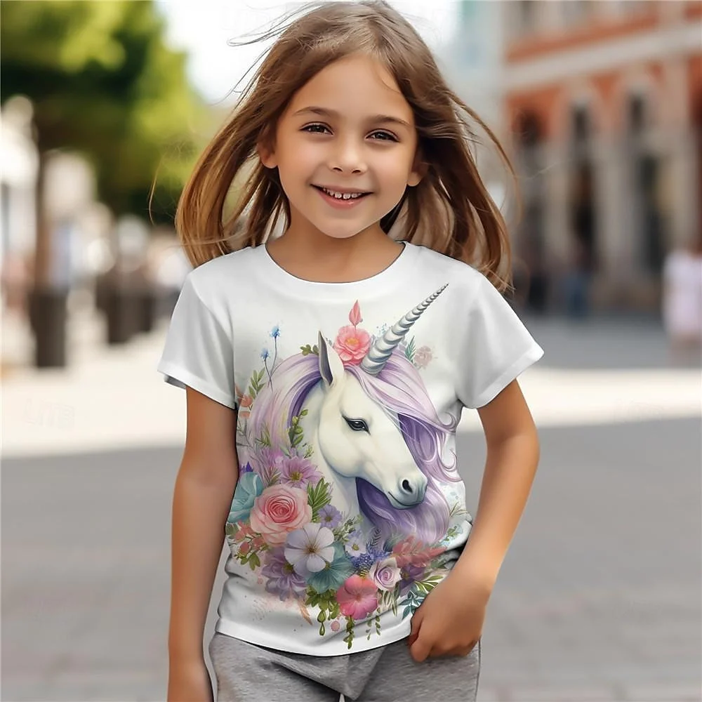 Girls' T-Shirt Animal Baby Girl T-Shirt 3d Print Horse Cartoon Cat Funsummer Casual Comfortable Breathable Short Sleeve