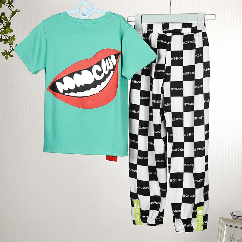 Summer Children Boy Clothes Set Kid Girls Funny Lips Print Tshirts And Plaid Pants Outfits Teenage Top Bottom 2Pieces Tracksuits