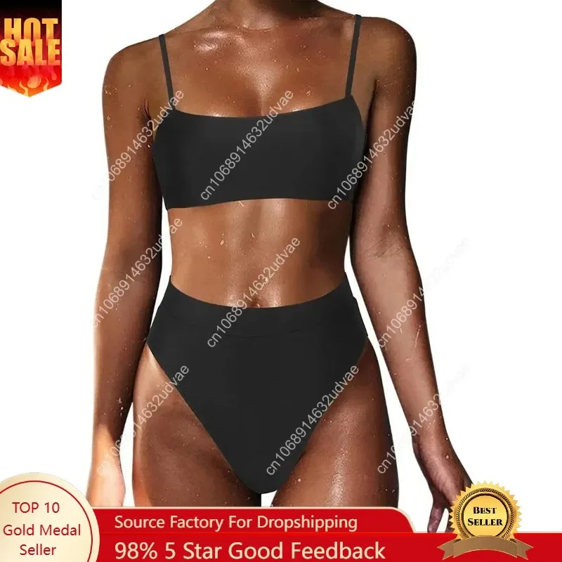 Damen-Bikini mit hoher Taille und Schultergurt, 2-teiliger High-Cut-String-Badeanzug
