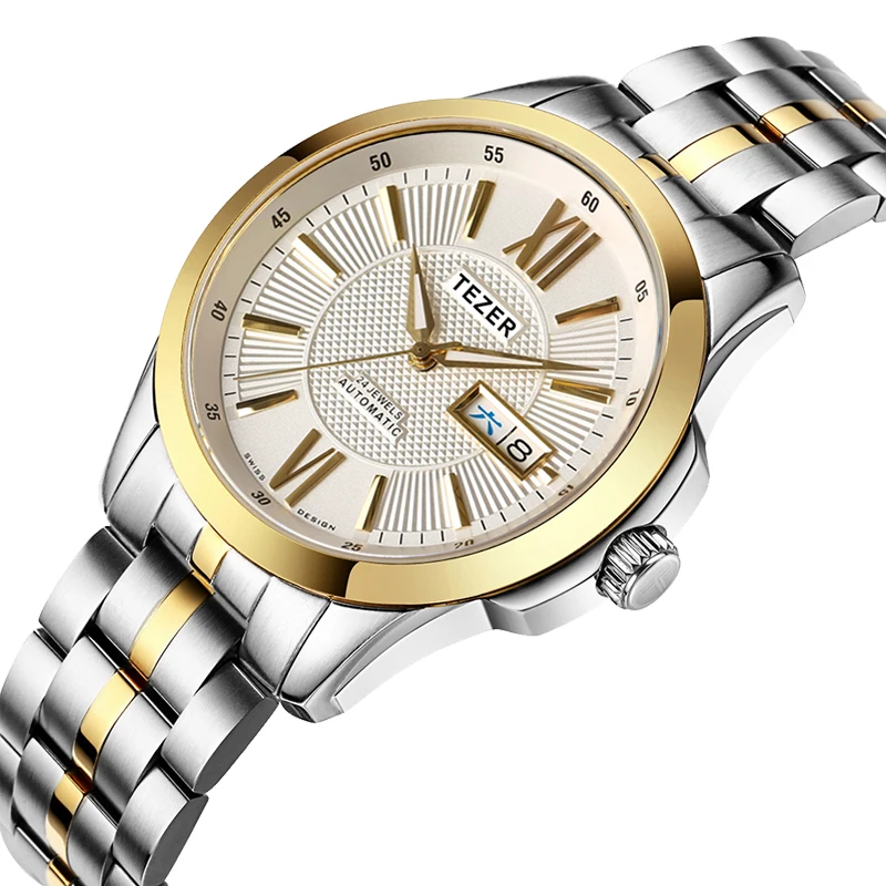 TEZER Men Automatic Watch | Roman Numeral Dial | Date Day Display | Two Tone Stainless Steel Band Business Wristwatch