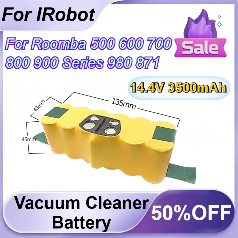 

Аккумулятор для пылесоса 14.4V 3500mAh для IRobot Roomba серий 500, 600, 700, 800, 900, моделей 980, 871, 885, 790, 655, 660, 527, 530, 531, 542, 550