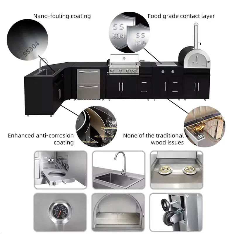 Wood Fired Oven Outdoor Kitchen Modular Set with Heavy Duty Prep Table Counter and Dual Storage Compartments