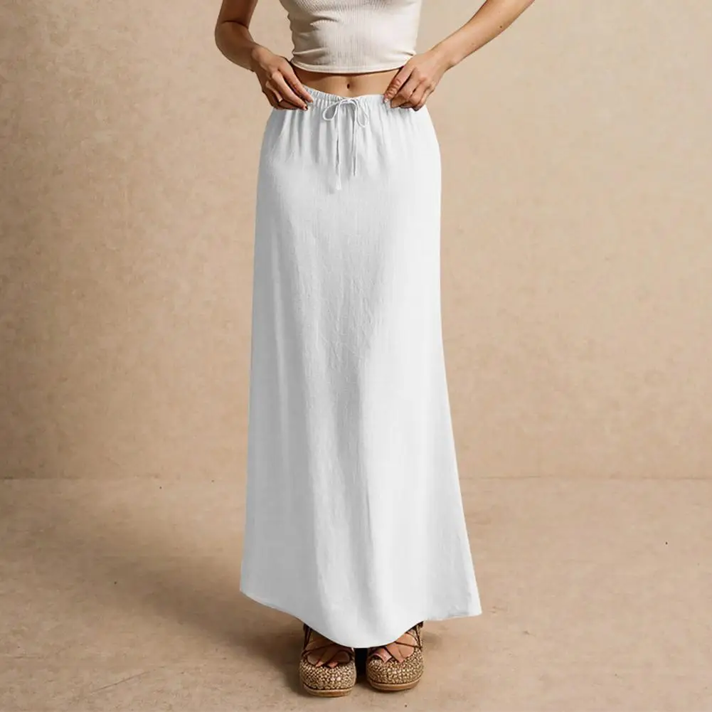 Women Maxi Skirt Mid-rise A-Line Drawstring Solid Color Long Skirt Easy To Match Lady Skirt Work Leisure Bodycon Women Clothing