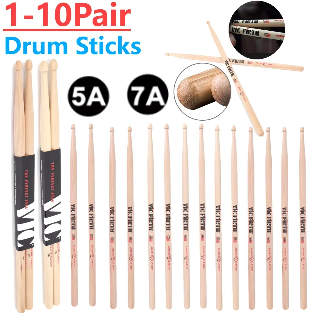 1-10Pair Drumsticks 5A/7A Mallets Jazz Drum Sticks Percussion Consistent Weight and Pitch American Hickory Classic Drum Sticks