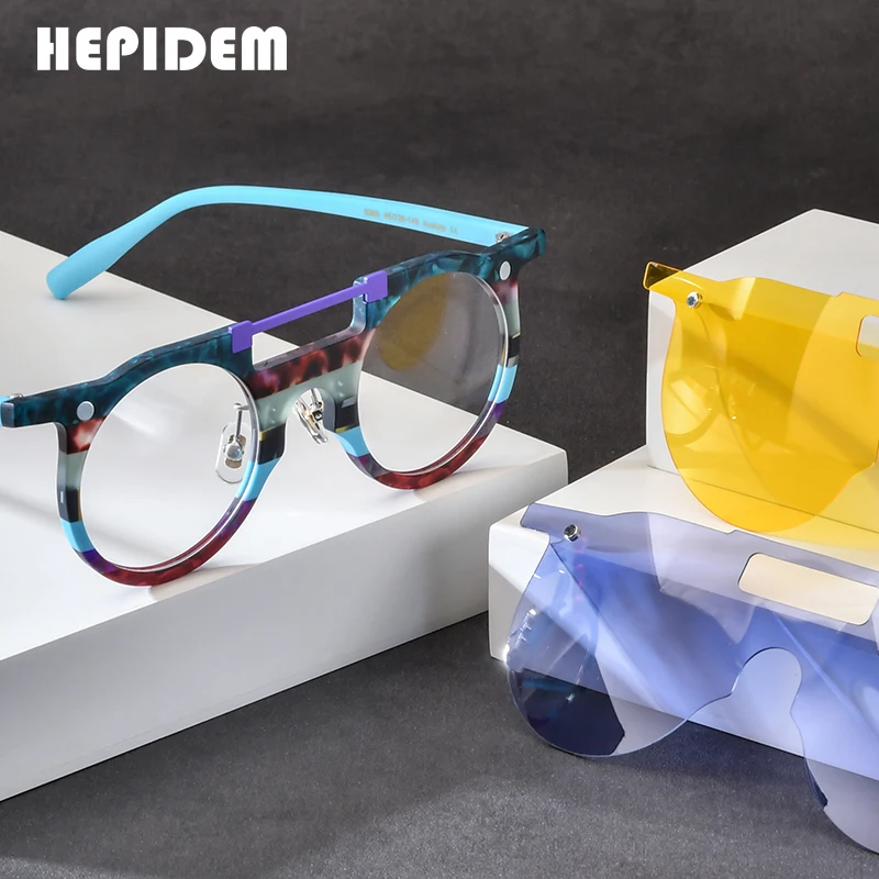 HEPIDEM Acetate Glasses Frame Men Brand Design Square Magnet Clip on Eyeglasses with Night Vision & Polarized Lens y2k 9393